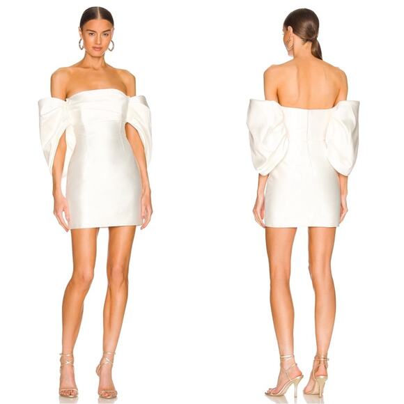 Solace London Elina Off the Shoulder Strapless Puff Sleeve White Mini Dress Sz 0 - Picture 1 of 9